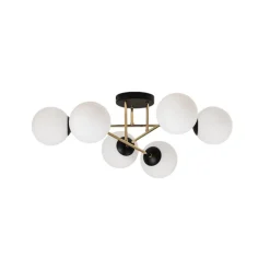 Plafondlamp Magnum, 6-lamps, opaalwit/goud/zwart, glas