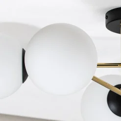 Plafondlamp Magnum, 6-lamps, opaalwit/goud/zwart, glas