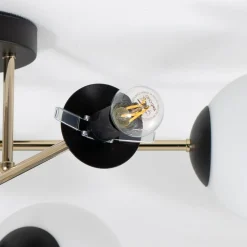 Plafondlamp Magnum, 6-lamps, opaalwit/goud/zwart, glas