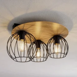 Plafondlamp Malin, houten kap rond, 3-lamps
