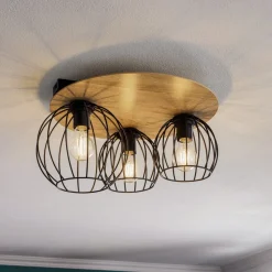 Plafondlamp Malin, houten kap rond, 3-lamps