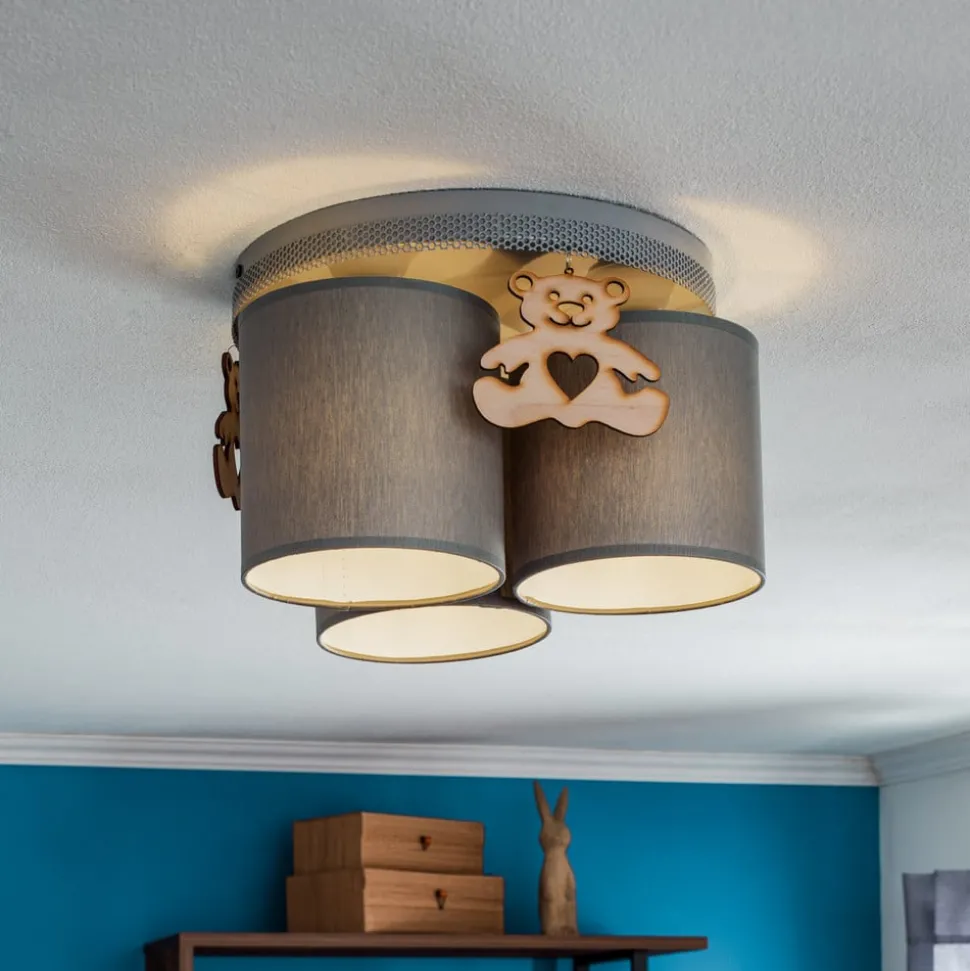 Plafondlamp Mis, grijs met houten beer, 3-lamps
