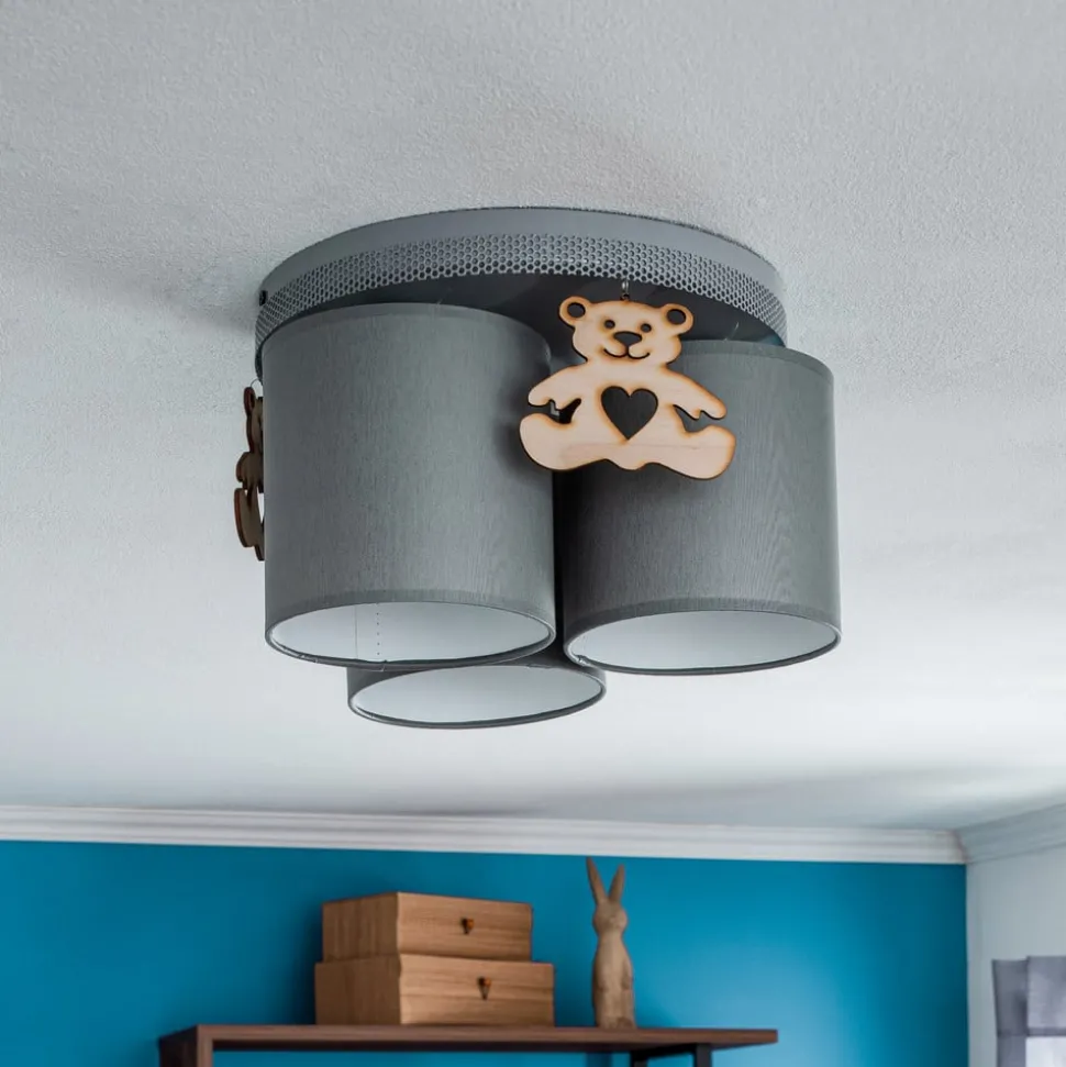 Plafondlamp Mis, grijs met houten beer, 3-lamps