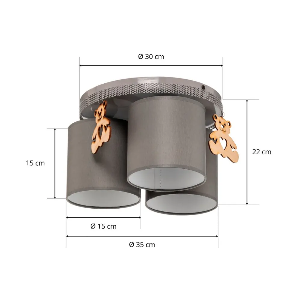 Plafondlamp Mis, grijs met houten beer, 3-lamps