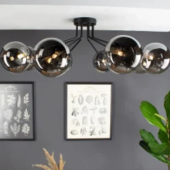 Plafondlamp Neptun zwart, acht rookglasbollen