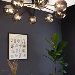 Plafondlamp Neptun zwart, acht rookglasbollen