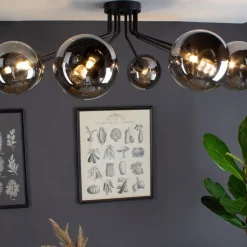 Plafondlamp Neptun zwart, acht rookglasbollen