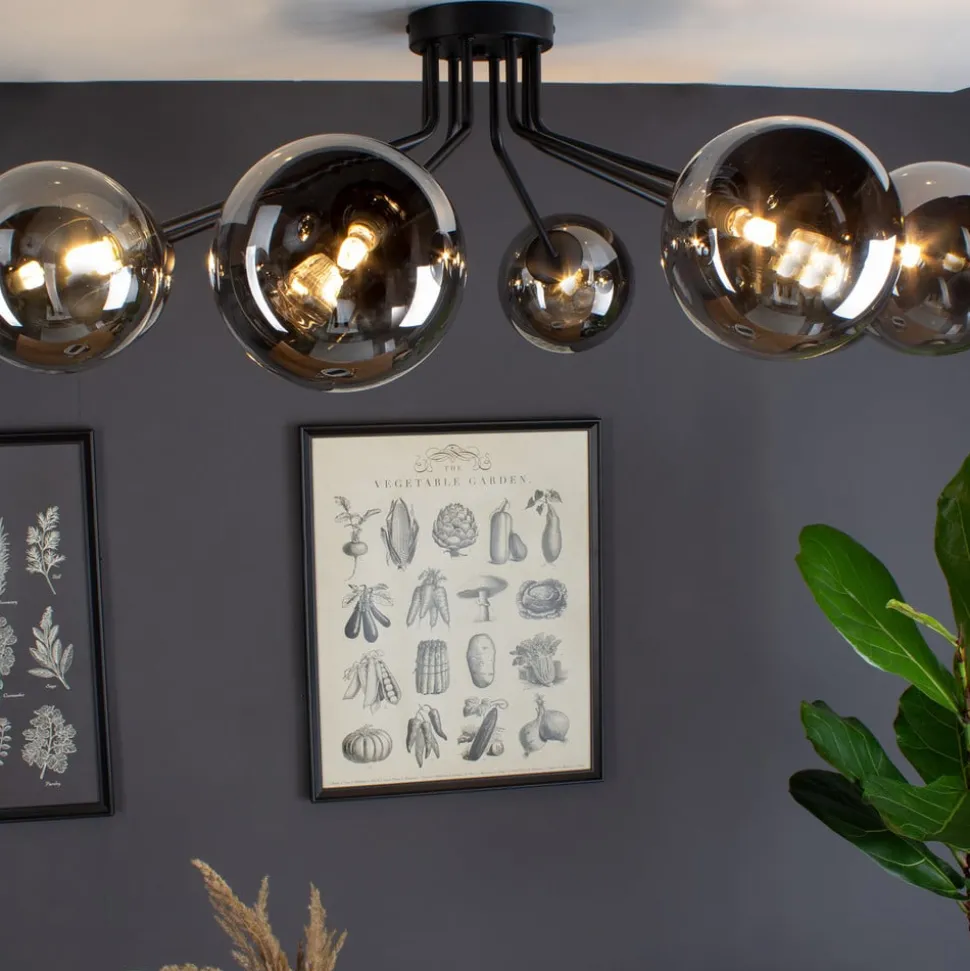 Plafondlamp Neptun zwart, acht rookglasbollen
