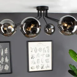 Plafondlamp Neptun zwart, acht rookglasbollen