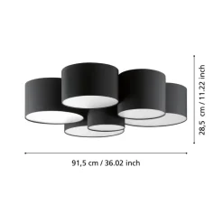 Plafondlamp Pastore 2, Ø 99 cm, zwart, 6-lamps, stof