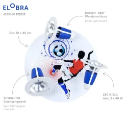 Plafondlamp Soccer, 3-lamps, blauw-wit