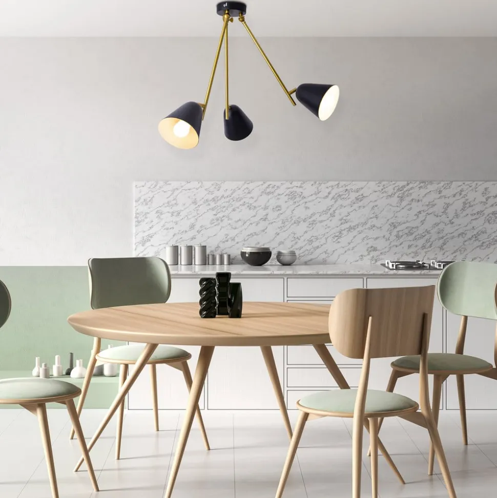 Plafondlamp Triton, zwart en goud, 3-lamps