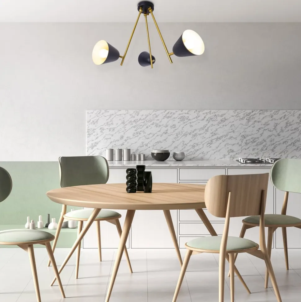 Plafondlamp Triton, zwart en goud, 3-lamps