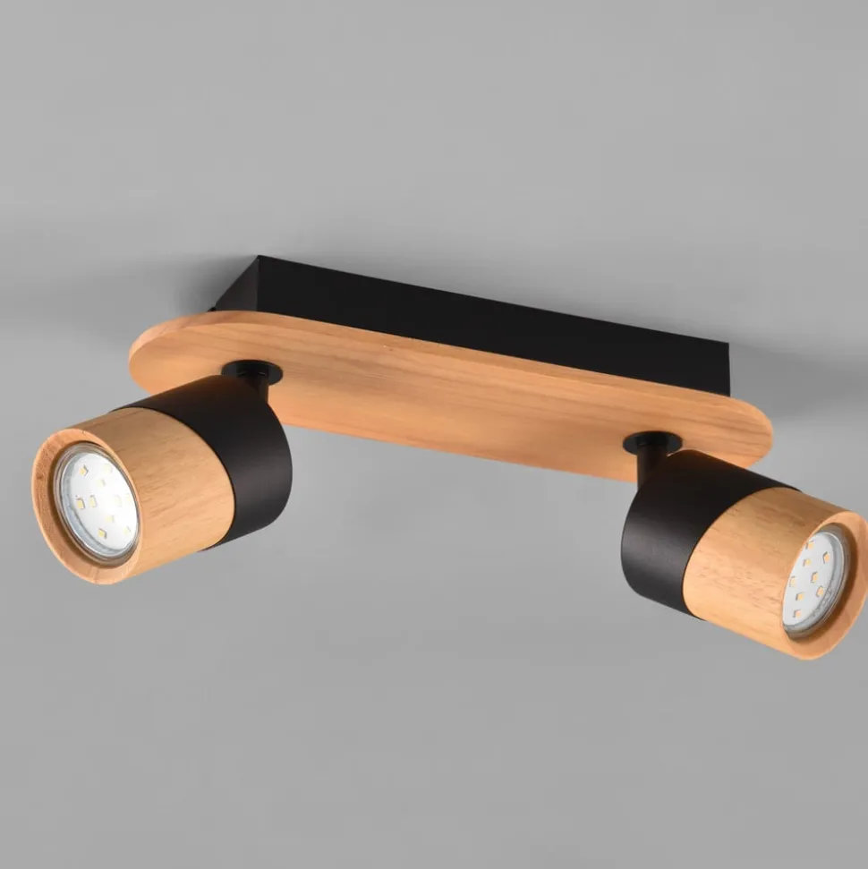 Plafondspot Aruni van hout, 2-lamps zwart