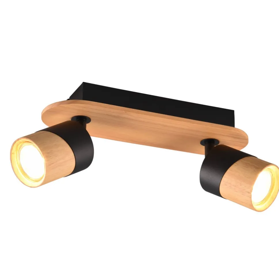 Plafondspot Aruni van hout, 2-lamps zwart