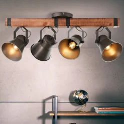 Plafondspot Decca, lengte 78 cm, zwart/hout, 4-lamps.