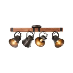 Plafondspot Decca, lengte 78 cm, zwart/hout, 4-lamps.