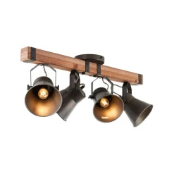 Plafondspot Decca, lengte 78 cm, zwart/hout, 4-lamps.