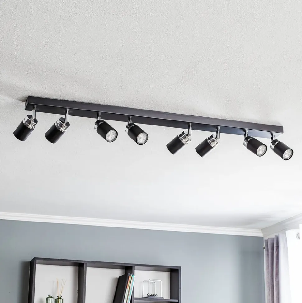 Plafondspot Rondo zwart/chroom, roestvrij staal, 8-lamps.