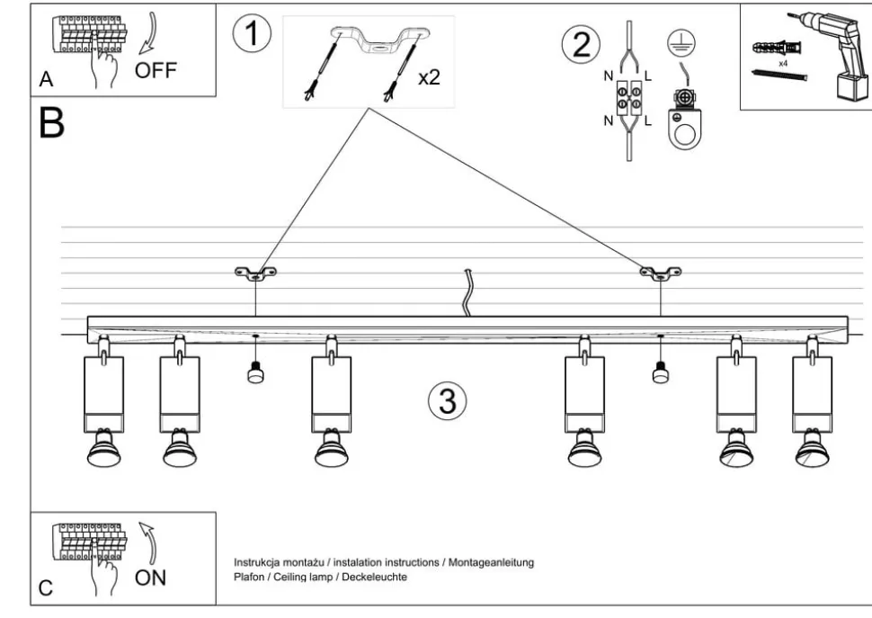 Plafondspot Square, zwart 6-lamps lineair