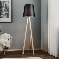 Quitani driepoot vloerlamp Jata, houtchintz, zwart