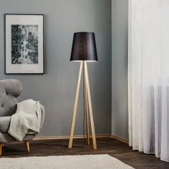 Quitani driepoot vloerlamp Jata, houtchintz, zwart