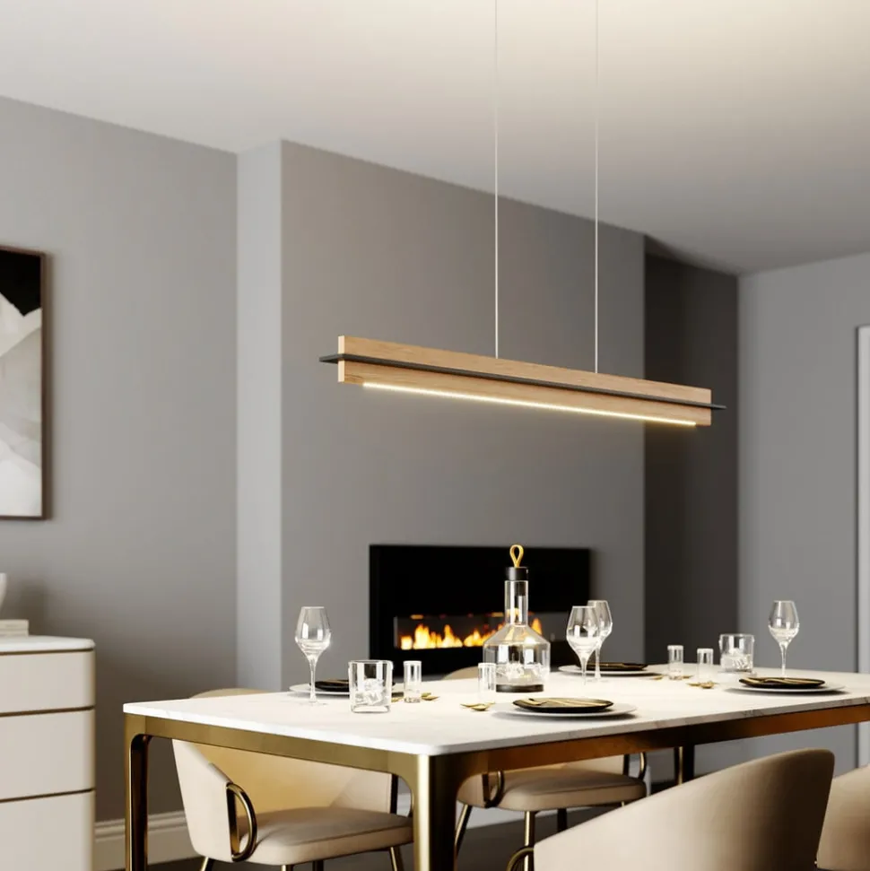 Quitani LED hanglamp Lexa, eiken/zwart, lengte 118 cm