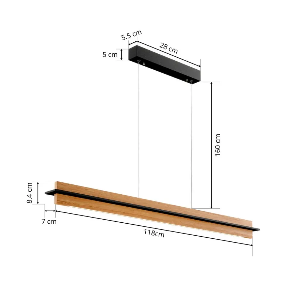 Quitani LED hanglamp Lexa, eiken/zwart, lengte 118 cm