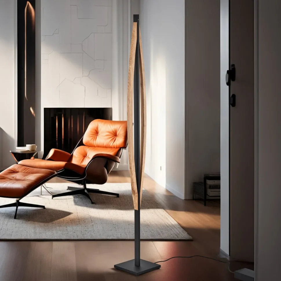 Quitani LED vloerlamp Kiera, eiken/zwart mat