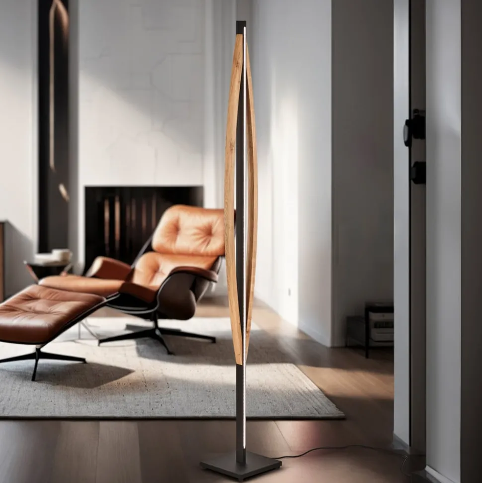 Quitani LED vloerlamp Kiera, eiken/zwart mat