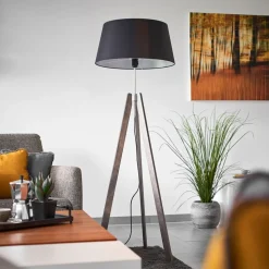 Quitani Thea vloerlamp, grijs hout, zwarte kap