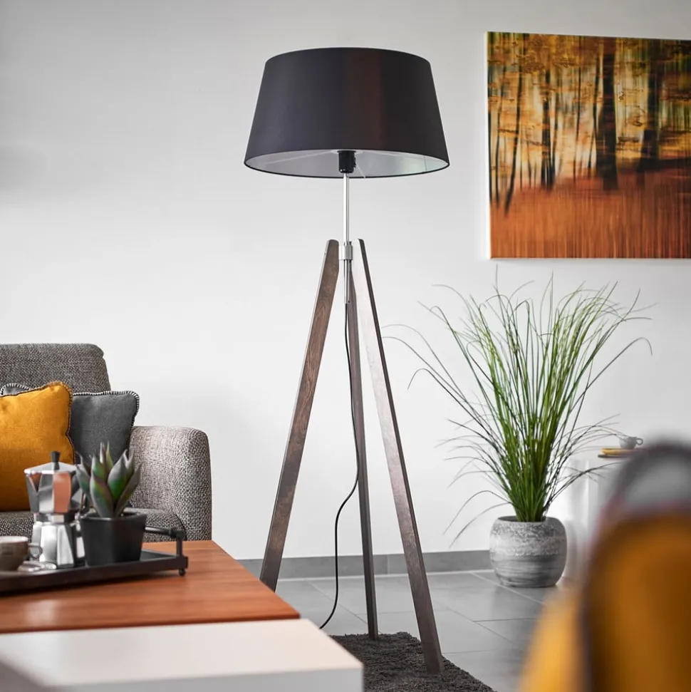 Quitani Thea vloerlamp, grijs hout, zwarte kap