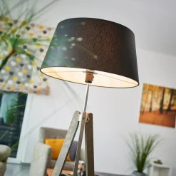 Quitani Thea vloerlamp, grijs hout, zwarte kap