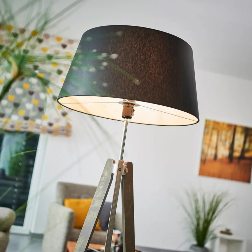 Quitani Thea vloerlamp, grijs hout, zwarte kap