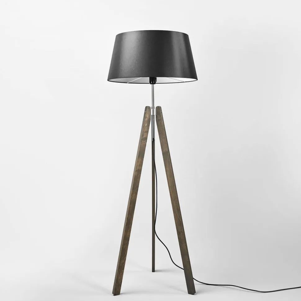 Quitani Thea vloerlamp, grijs hout, zwarte kap