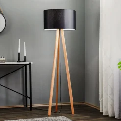 Quitani vloerlamp Arim, beuken, zwart chintz, driepoot