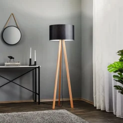 Quitani vloerlamp Arim, beuken, zwart chintz, driepoot