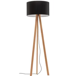 Quitani vloerlamp Arim, beuken, zwart chintz, driepoot