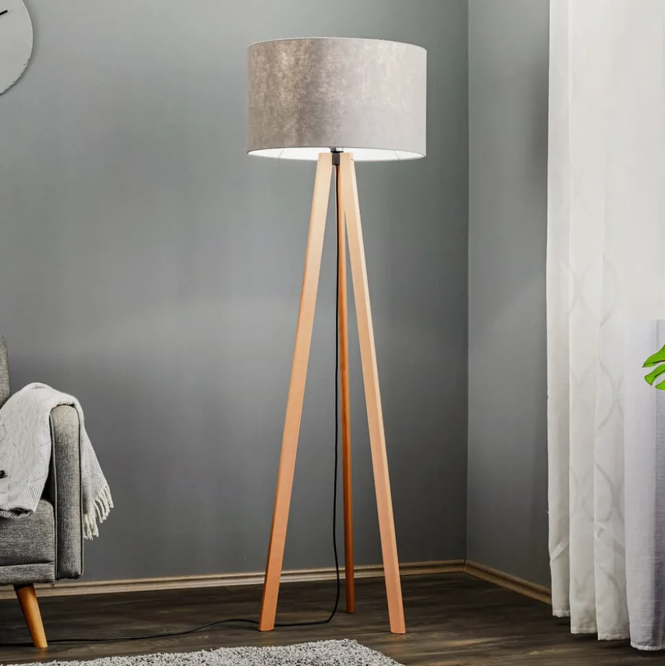 Quitani vloerlamp Arim, beuken, grijs vilt, driepoot