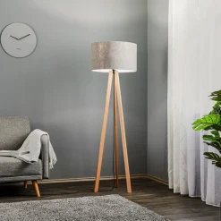 Quitani vloerlamp Arim, beuken, grijs vilt, driepoot