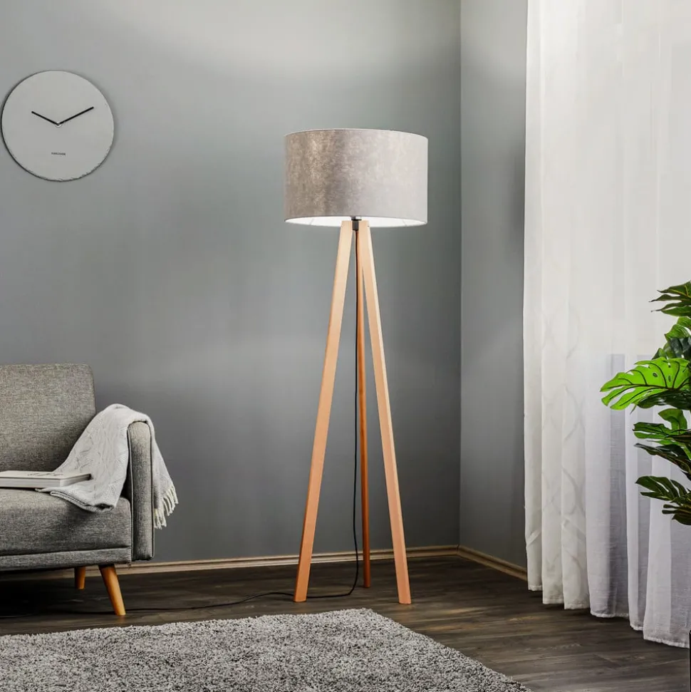 Quitani vloerlamp Arim, beuken, grijs vilt, driepoot