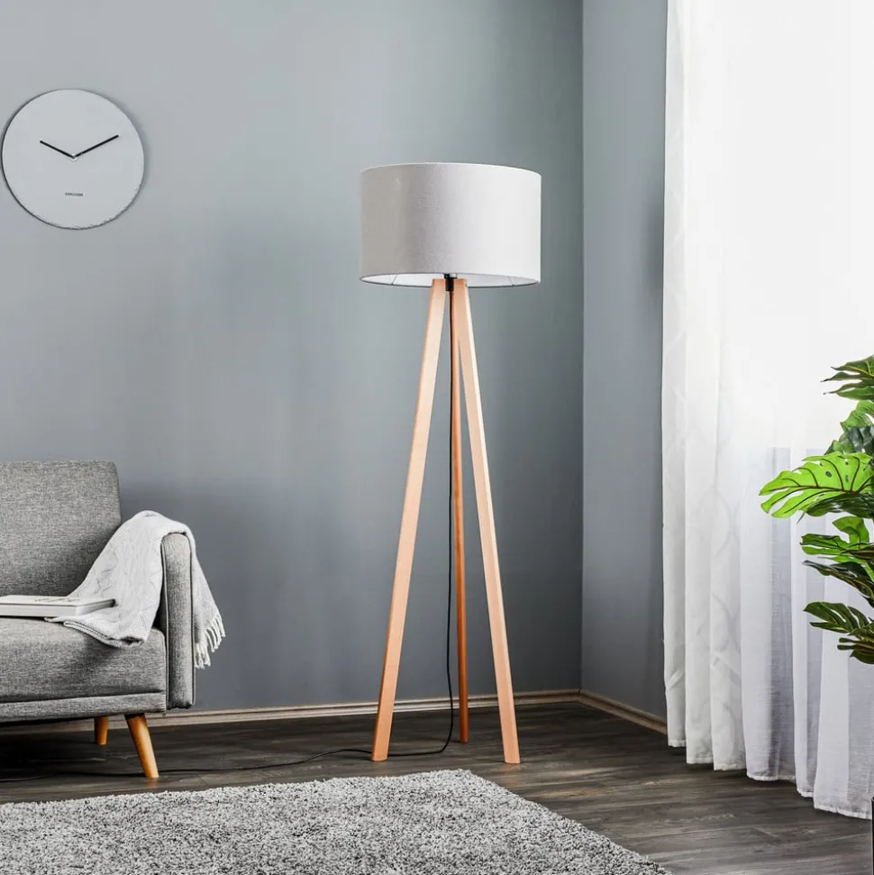 Quitani vloerlamp Arim, beuken, grijs vilt, driepoot