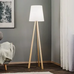 Quitani vloerlamp Jata, hout, chintz wit, driepoot