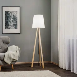 Quitani vloerlamp Jata, hout, chintz wit, driepoot