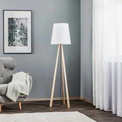 Quitani vloerlamp Jata, hout, chintz wit, driepoot