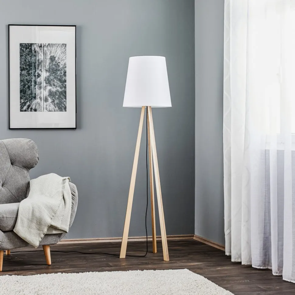 Quitani vloerlamp Jata, hout, chintz wit, driepoot