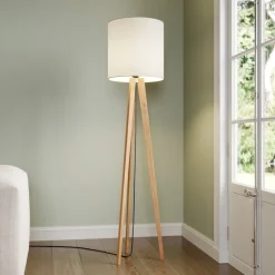 Quitani vloerlamp Nida, houten frame, witte kap