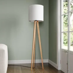 Quitani vloerlamp Nida, houten frame, witte kap
