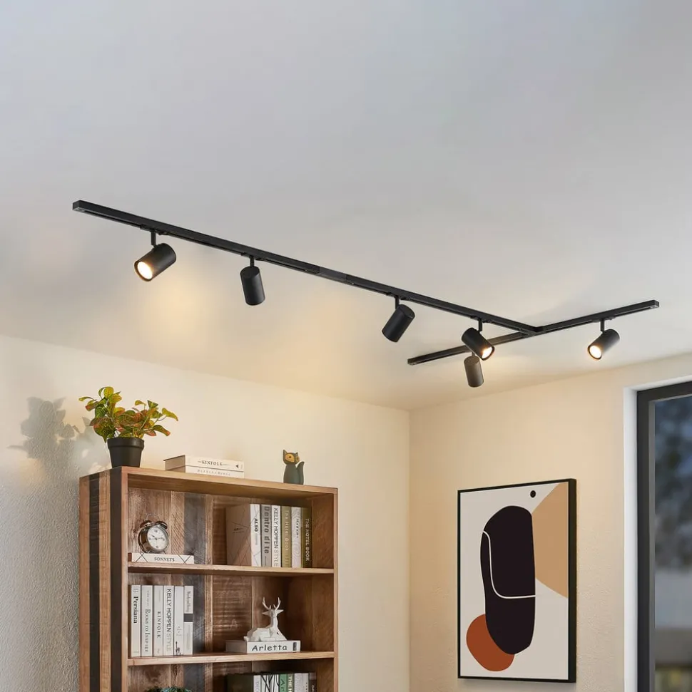 Railsysteem Lindby Linaro, GU10, 6-lamps, zwart, T-vorm
