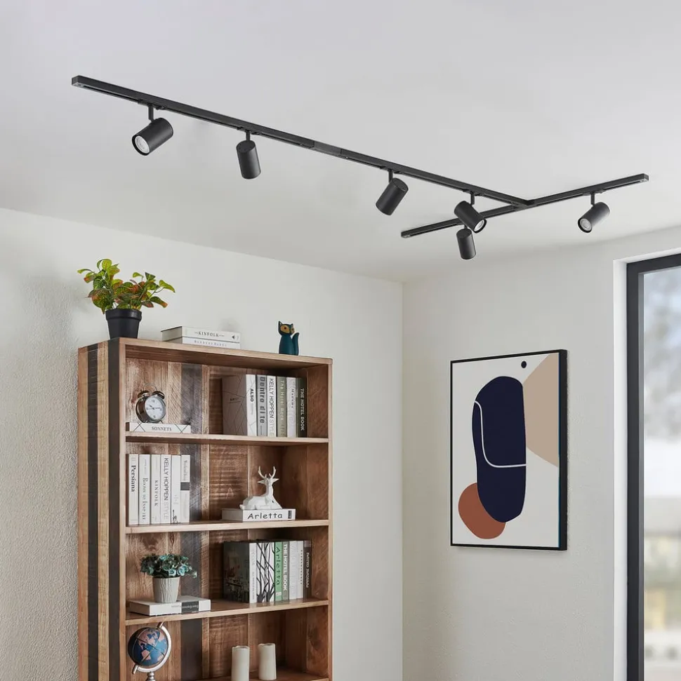 Railsysteem Lindby Linaro, GU10, 6-lamps, zwart, T-vorm